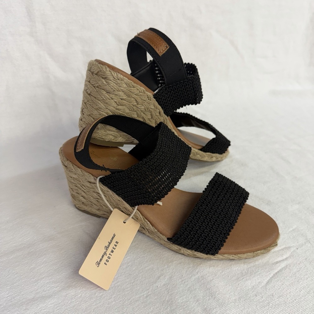 Tommy Bahama Sakura Wedge Espadrilles Heels Black Sandals 8 Beachy Boho Summer